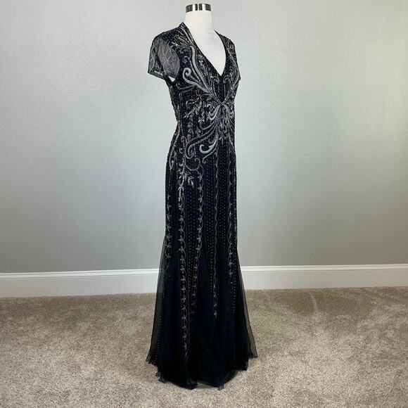 Adrianna Papell Beaded Cut Out Back Evening Gown Blue Size 6 Short Sleeve Formal - Picture 3 of 14